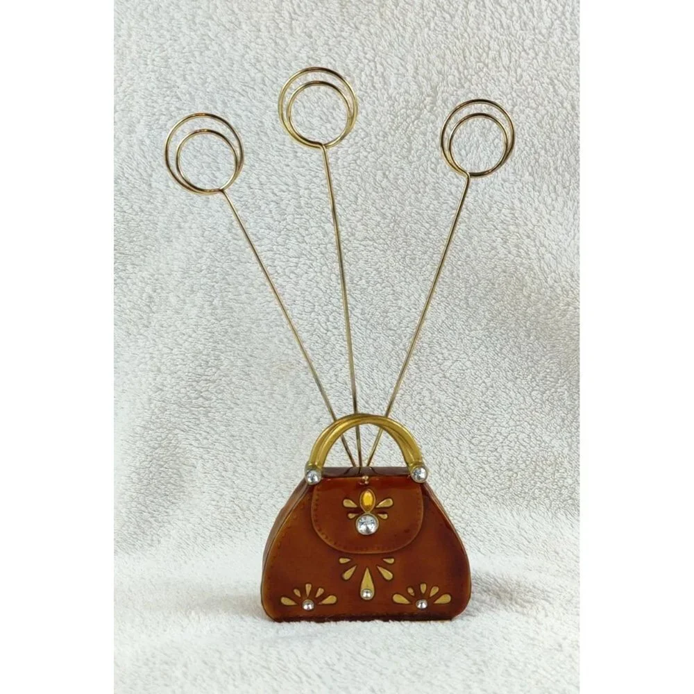 Enameled Miniature Purse Photo Card Holder Paperweight Decorative Brown Copper
